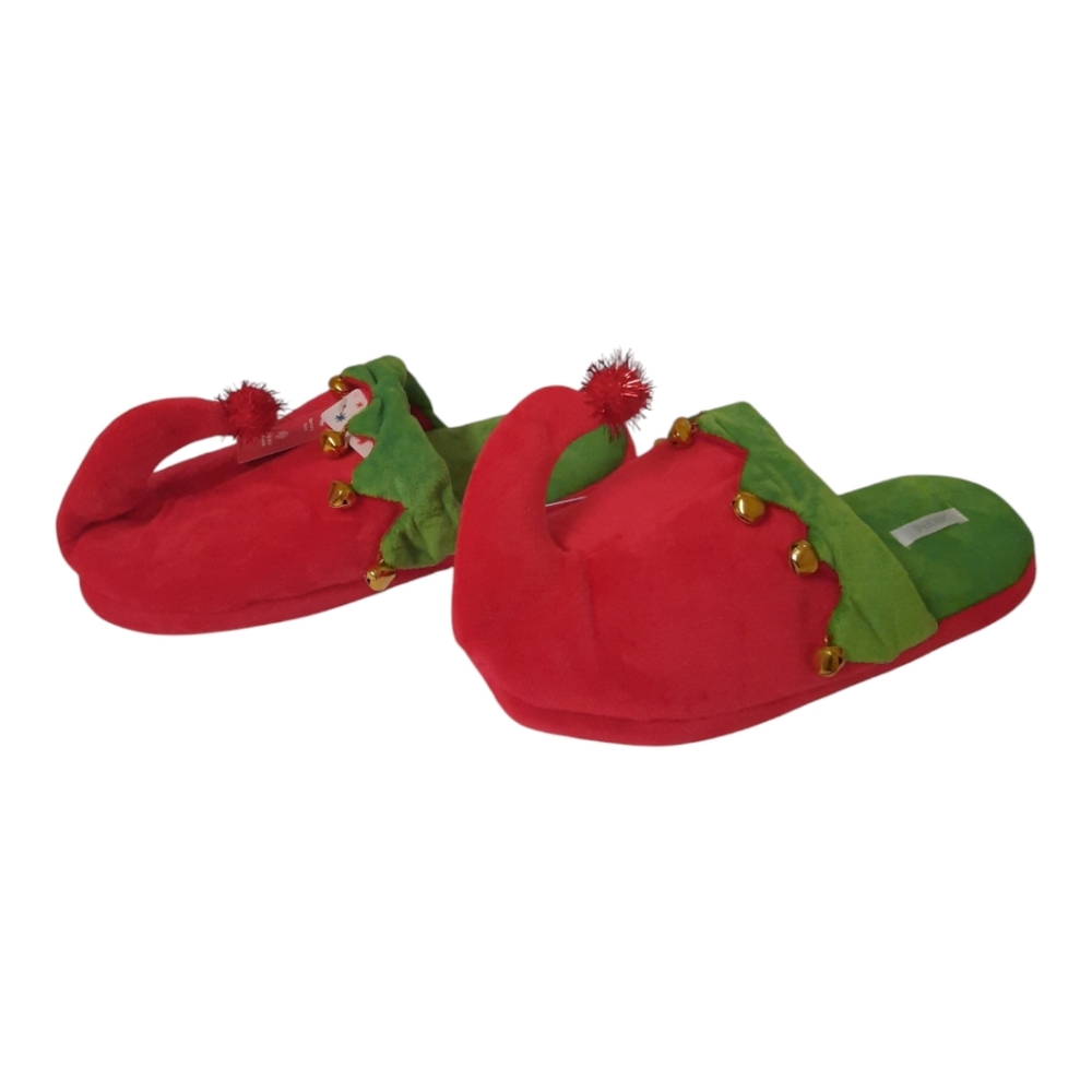 New Elf Christmas Red House Slippers Plush w/Jingle Bells Holidays Size 7/8